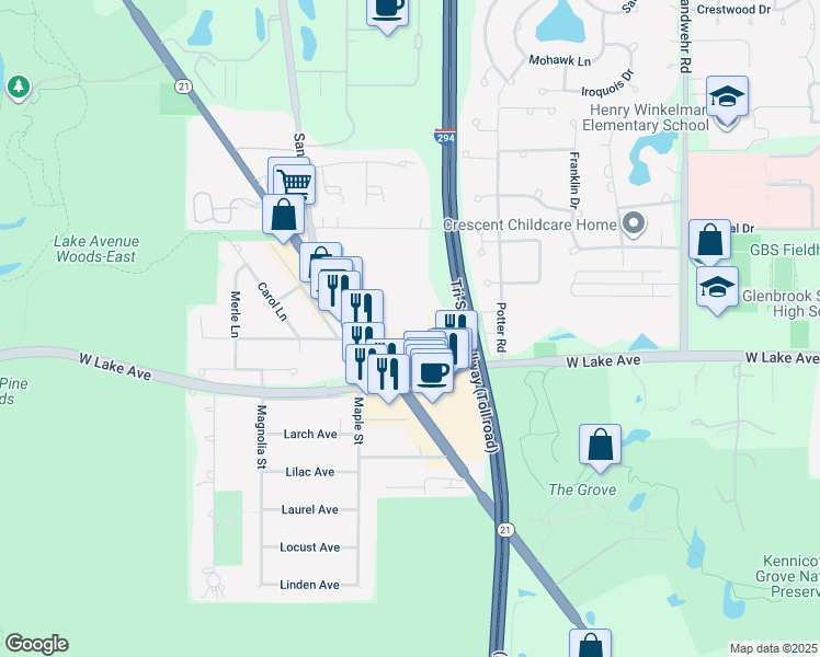 map of restaurants, bars, coffee shops, grocery stores, and more near 3622 Salem Walk in Northbrook