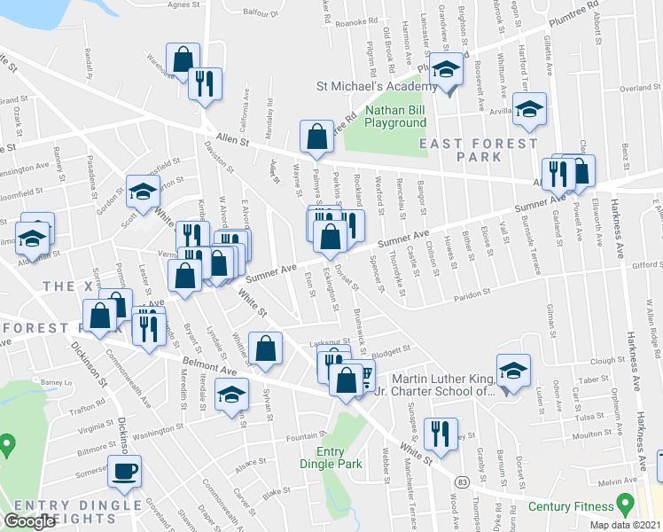 map of restaurants, bars, coffee shops, grocery stores, and more near 883 Sumner Avenue in Springfield