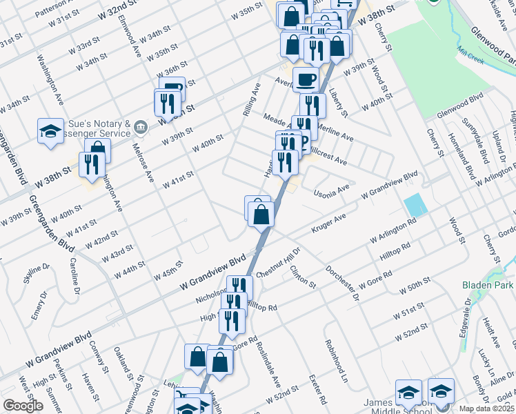 map of restaurants, bars, coffee shops, grocery stores, and more near 4429 Harding Drive in Erie