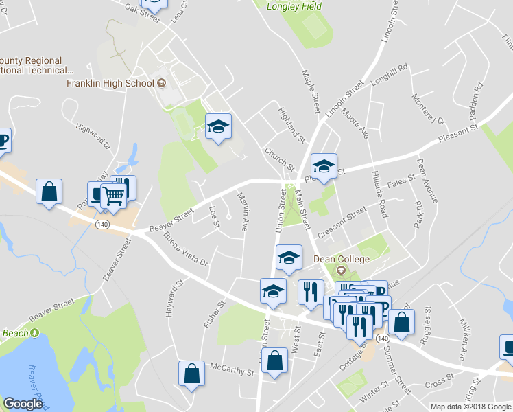 map of restaurants, bars, coffee shops, grocery stores, and more near 101 Marvin Avenue in Franklin
