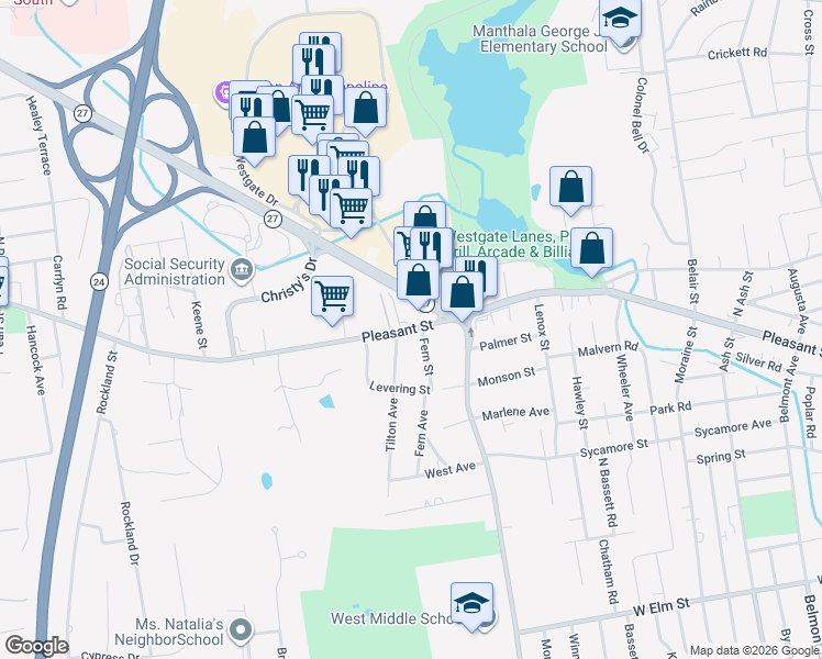 map of restaurants, bars, coffee shops, grocery stores, and more near 685 Pleasant Street in Brockton