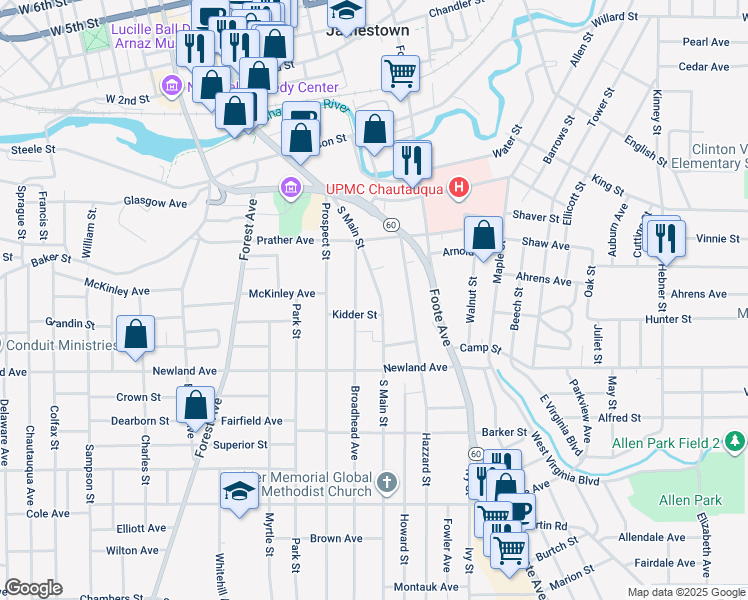 map of restaurants, bars, coffee shops, grocery stores, and more near 199 South Main Street in Jamestown