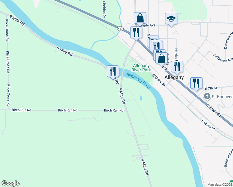 map of restaurants, bars, coffee shops, grocery stores, and more near 2027 4 Mile Road in Allegany
