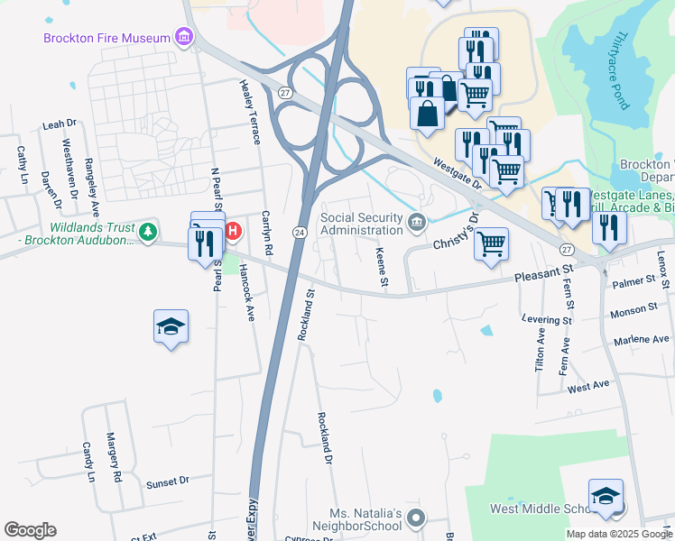 map of restaurants, bars, coffee shops, grocery stores, and more near 26 Homesite Road in Brockton
