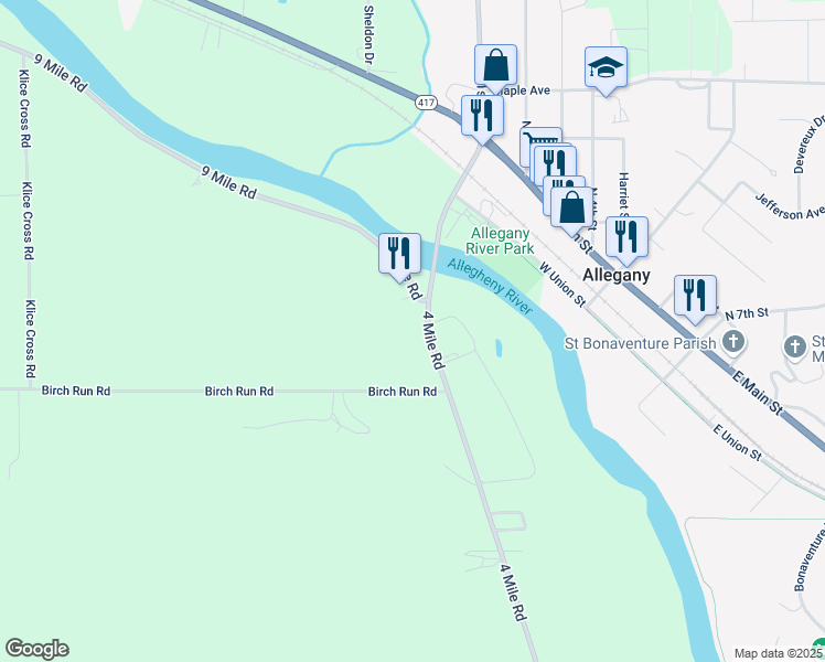 map of restaurants, bars, coffee shops, grocery stores, and more near 2027 4 Mile Road in Allegany