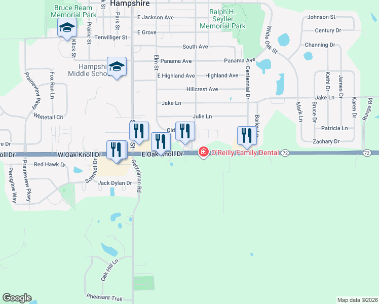 map of restaurants, bars, coffee shops, grocery stores, and more near 196 East Oak Knoll Drive in Hampshire