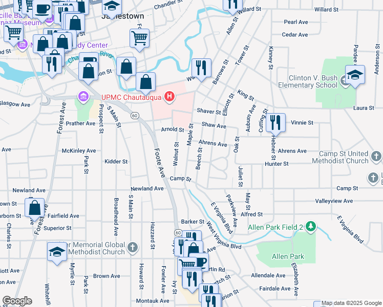 map of restaurants, bars, coffee shops, grocery stores, and more near 5 Beech Street in Jamestown