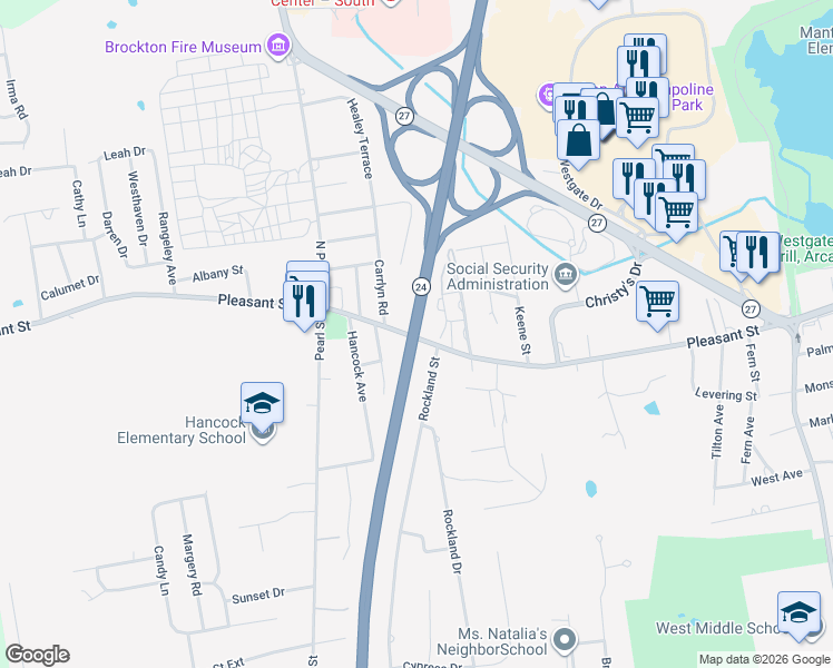 map of restaurants, bars, coffee shops, grocery stores, and more near 995 Pleasant Street in Brockton
