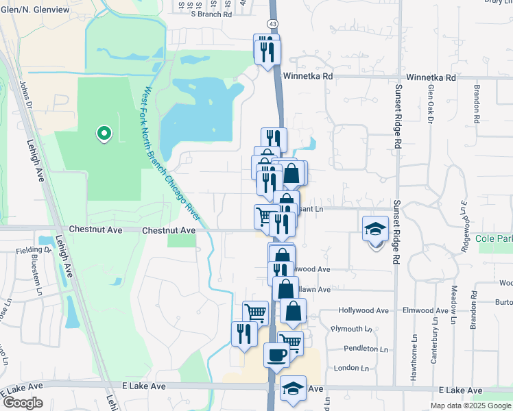 map of restaurants, bars, coffee shops, grocery stores, and more near 1735 Jefferson Avenue in Glenview