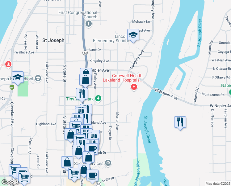 map of restaurants, bars, coffee shops, grocery stores, and more near 2608 Morton Avenue in St. Joseph