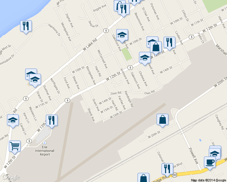 map of restaurants, bars, coffee shops, grocery stores, and more near 4018 Oxer Rd in Erie