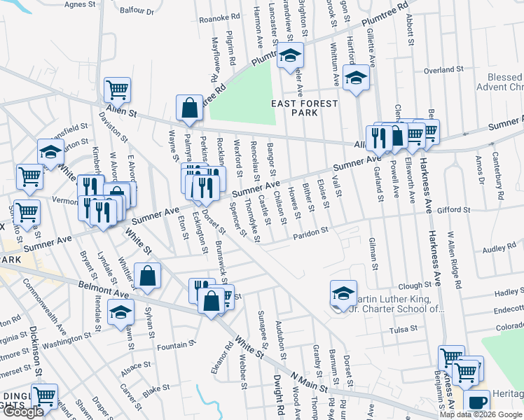 map of restaurants, bars, coffee shops, grocery stores, and more near 27 Thorndyke Street in Springfield