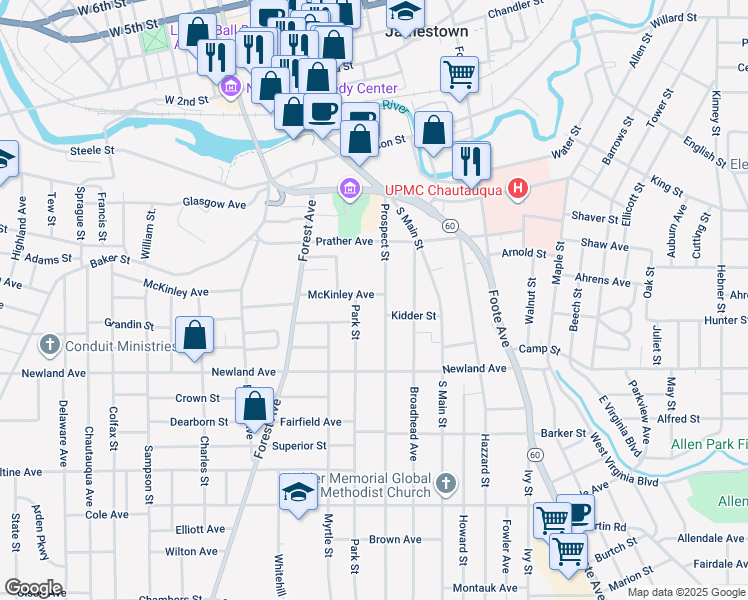 map of restaurants, bars, coffee shops, grocery stores, and more near 11 McKinley Avenue in Jamestown