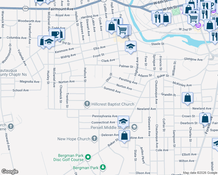 map of restaurants, bars, coffee shops, grocery stores, and more near 96 Summit Avenue in Jamestown
