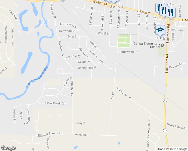 map of restaurants, bars, coffee shops, grocery stores, and more near 506 Willow Glen Drive in Genoa