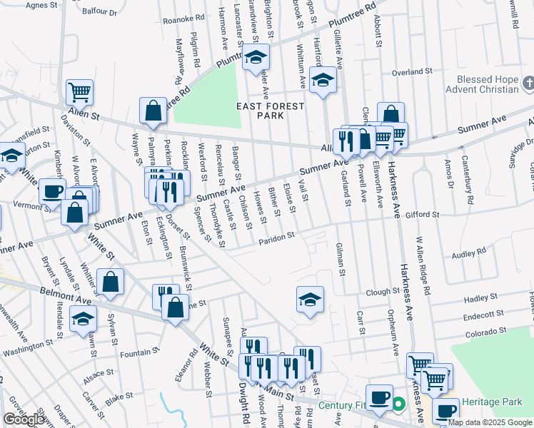 map of restaurants, bars, coffee shops, grocery stores, and more near 47-49 Howes Street in Springfield