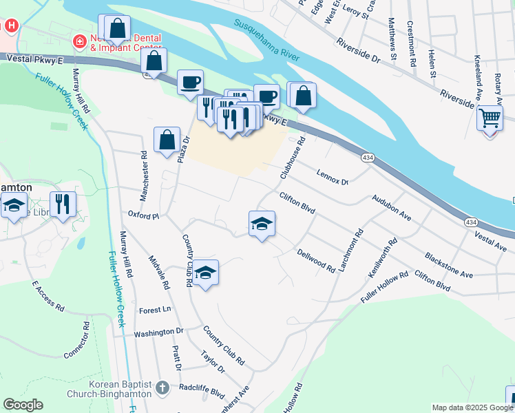 map of restaurants, bars, coffee shops, grocery stores, and more near 439 Clubhouse Road in Vestal