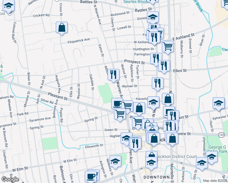 map of restaurants, bars, coffee shops, grocery stores, and more near 17 Roan Court in Brockton