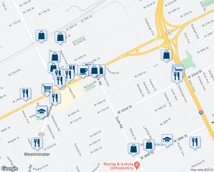 map of restaurants, bars, coffee shops, grocery stores, and more near 2818 Evanston Avenue in Erie