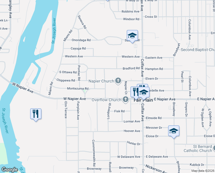 map of restaurants, bars, coffee shops, grocery stores, and more near 1643 Lyola Avenue in Benton Harbor