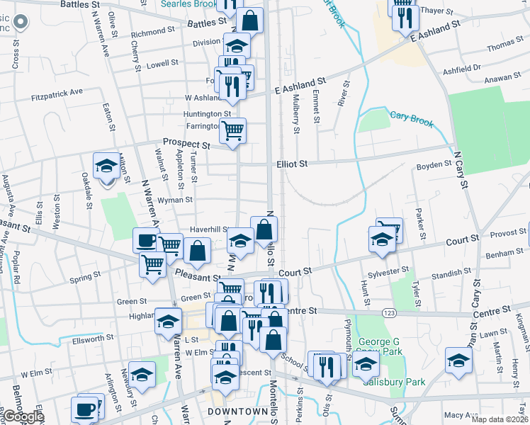 map of restaurants, bars, coffee shops, grocery stores, and more near 164 North Montello Street in Brockton