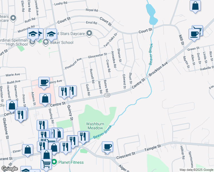 map of restaurants, bars, coffee shops, grocery stores, and more near 25 Bates Road in Brockton