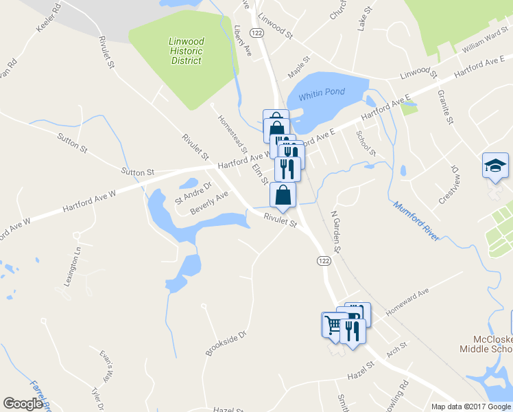 map of restaurants, bars, coffee shops, grocery stores, and more near 51 Rivulet Street in Uxbridge