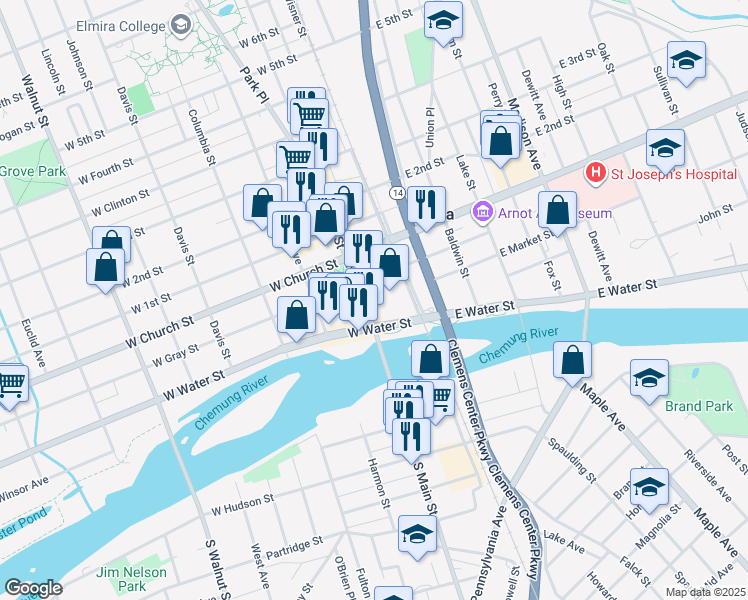 map of restaurants, bars, coffee shops, grocery stores, and more near 150 North Main Street in Elmira