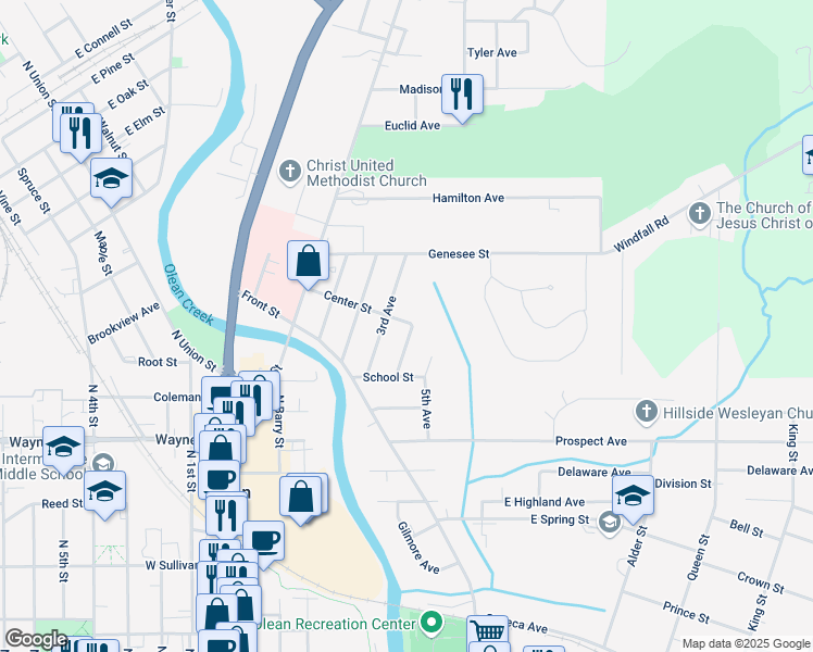 map of restaurants, bars, coffee shops, grocery stores, and more near 418 Center St in Olean