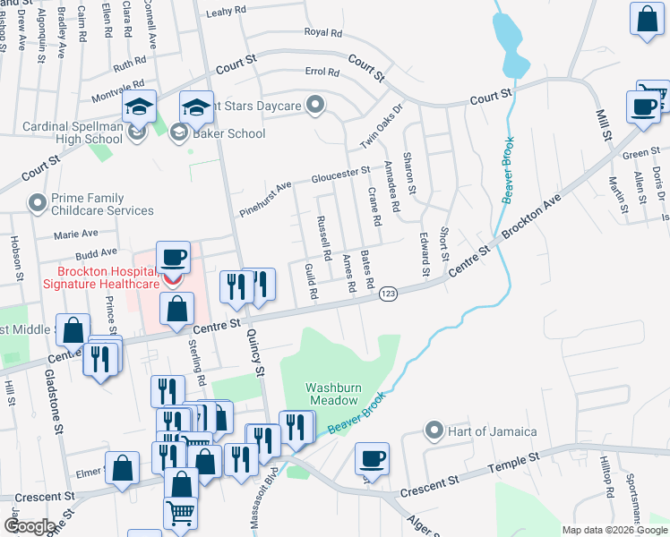 map of restaurants, bars, coffee shops, grocery stores, and more near 36 Ames Road in Brockton
