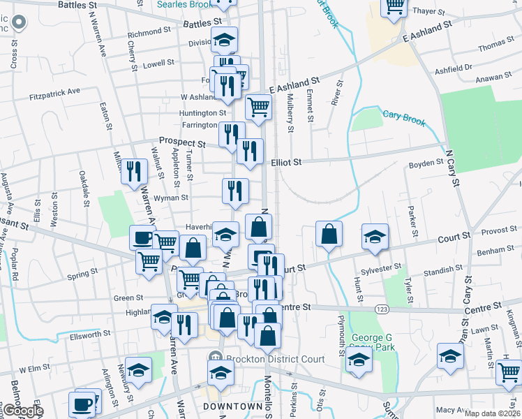 map of restaurants, bars, coffee shops, grocery stores, and more near 164 North Montello Street in Brockton