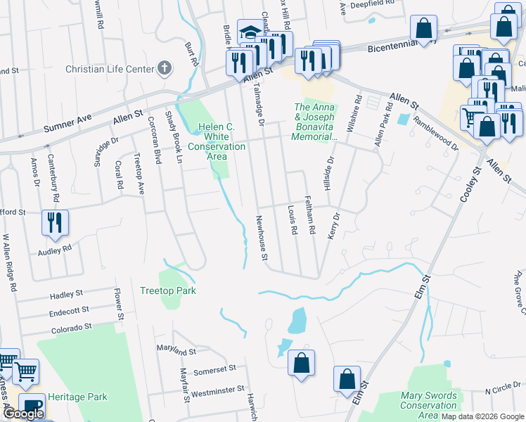 map of restaurants, bars, coffee shops, grocery stores, and more near 224 Talmadge Drive in Springfield