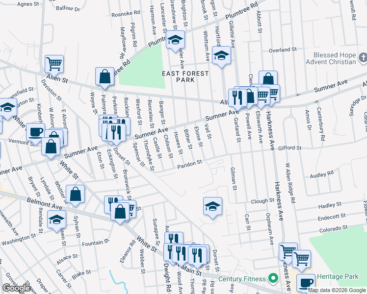 map of restaurants, bars, coffee shops, grocery stores, and more near 47-49 Howes Street in Springfield