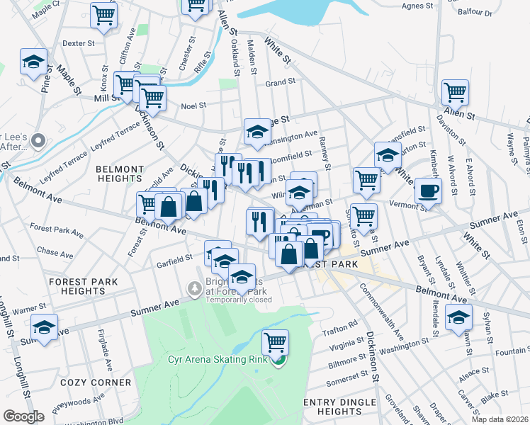 map of restaurants, bars, coffee shops, grocery stores, and more near 104 Beaumont Street in Springfield