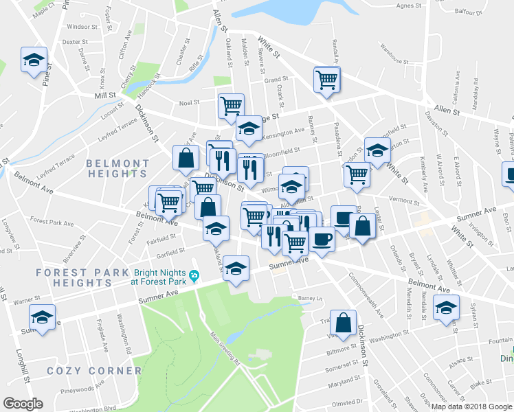 map of restaurants, bars, coffee shops, grocery stores, and more near 104 Beaumont Street in Springfield