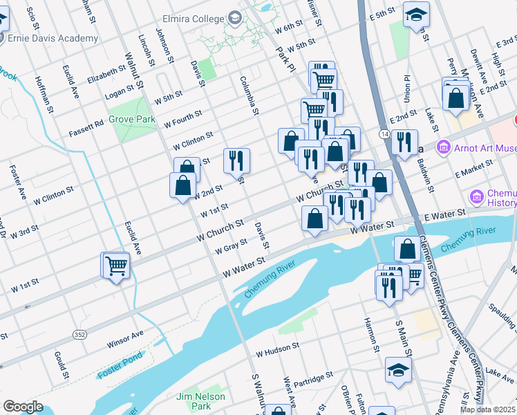 map of restaurants, bars, coffee shops, grocery stores, and more near 374 West Church Street in Elmira