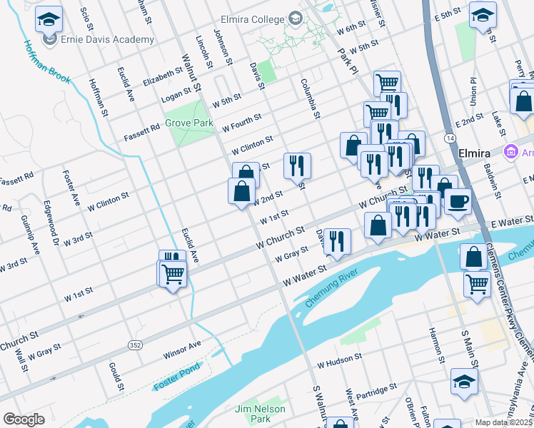 map of restaurants, bars, coffee shops, grocery stores, and more near 452 West 1st Street in Elmira