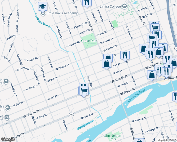 map of restaurants, bars, coffee shops, grocery stores, and more near 411-413 Euclid Avenue in Elmira