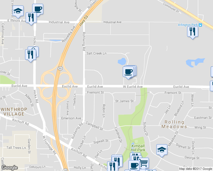 map of restaurants, bars, coffee shops, grocery stores, and more near 3404 Fremont Street in Rolling Meadows
