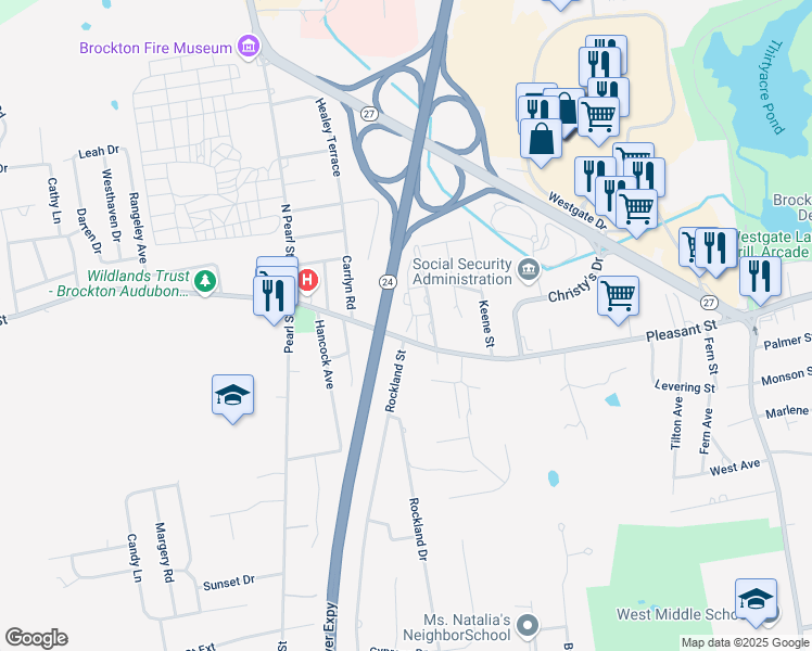 map of restaurants, bars, coffee shops, grocery stores, and more near 987 Pleasant Street in Brockton