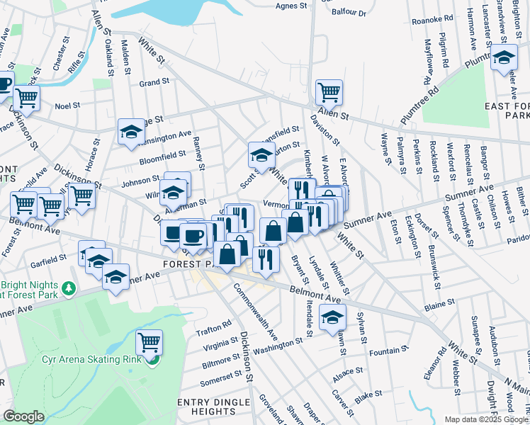 map of restaurants, bars, coffee shops, grocery stores, and more near 47 Lester St in Springfield