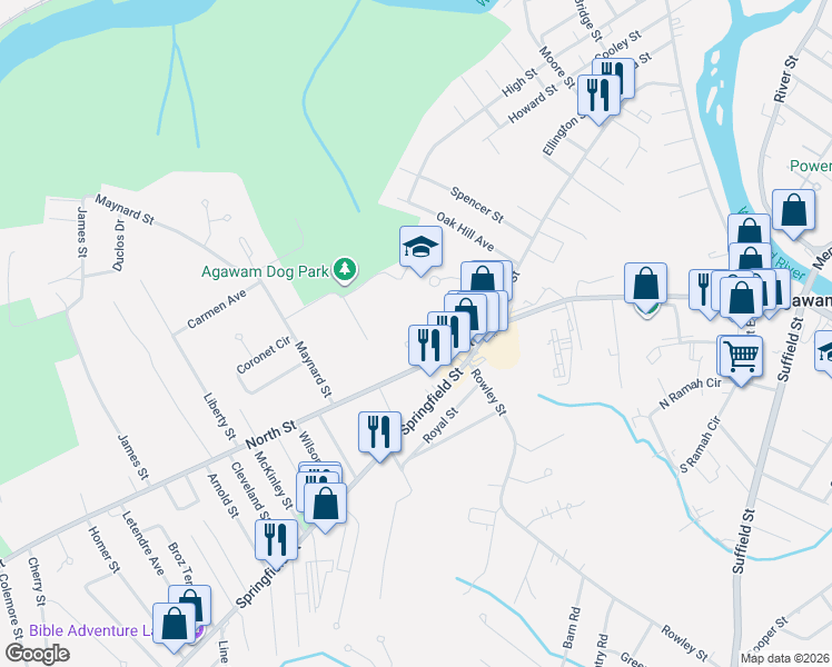 map of restaurants, bars, coffee shops, grocery stores, and more near 22 Wisteria Lane in Agawam