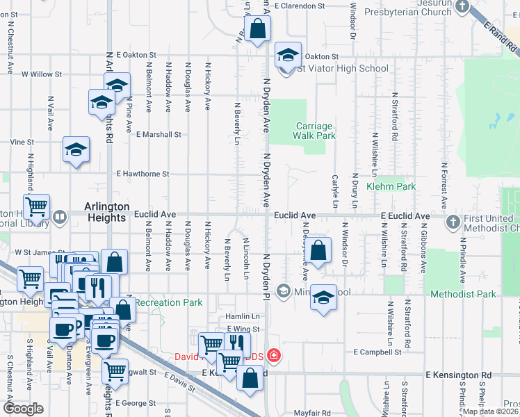 map of restaurants, bars, coffee shops, grocery stores, and more near 601 North Dryden Avenue in Arlington Heights