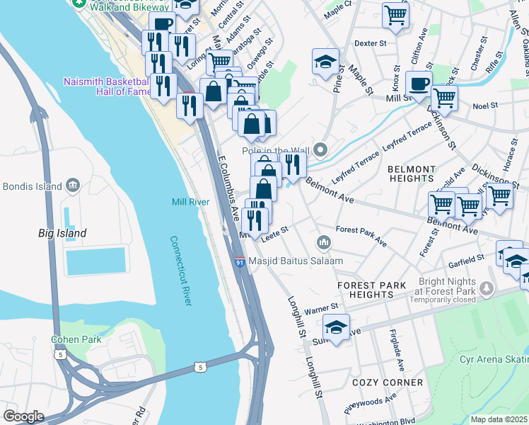 map of restaurants, bars, coffee shops, grocery stores, and more near 152 Main Street in Springfield