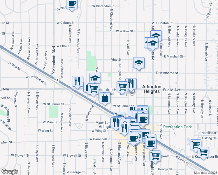 map of restaurants, bars, coffee shops, grocery stores, and more near 302 Euclid Avenue in Arlington Heights