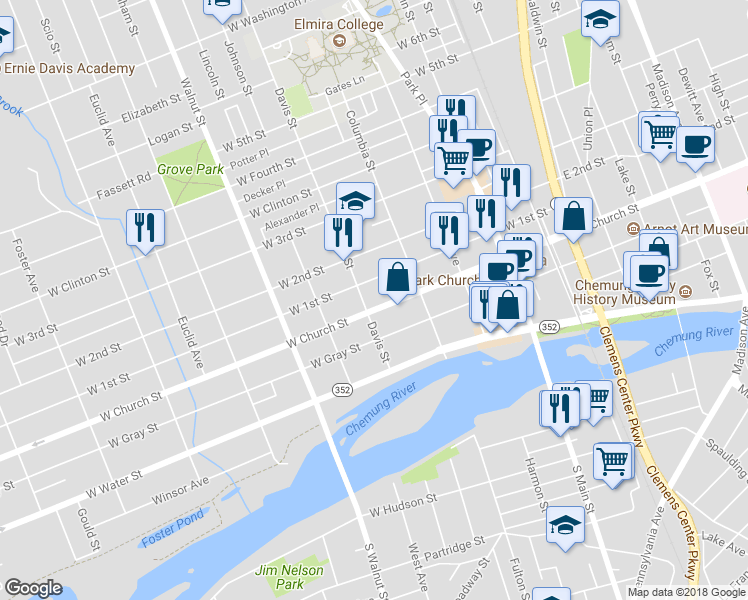 map of restaurants, bars, coffee shops, grocery stores, and more near 378 West Church Street in Elmira