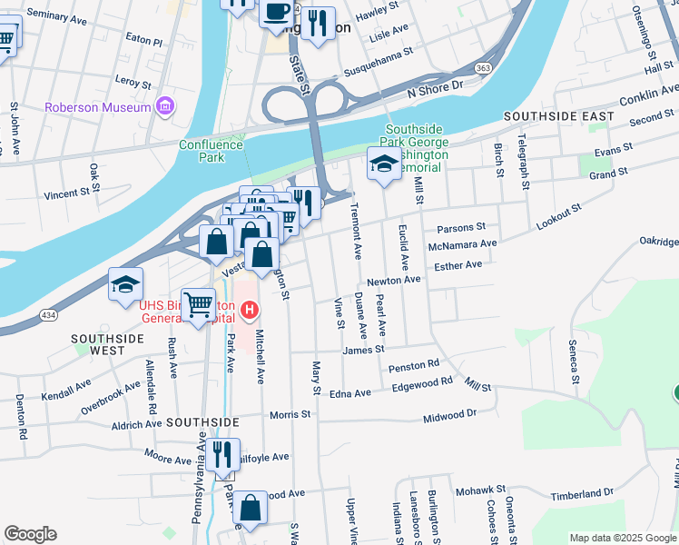 map of restaurants, bars, coffee shops, grocery stores, and more near 15 Vine Street in Binghamton