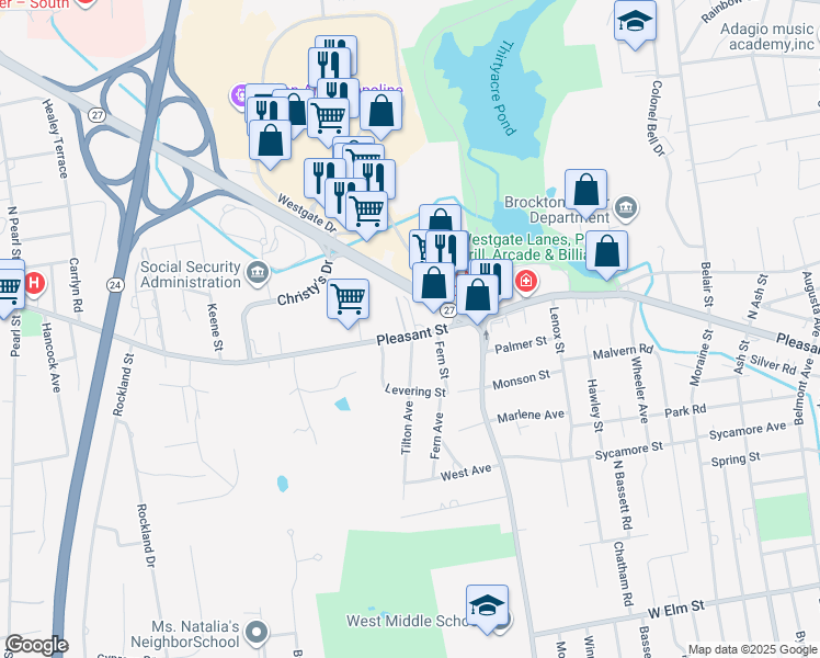 map of restaurants, bars, coffee shops, grocery stores, and more near 703 Pleasant Street in Brockton