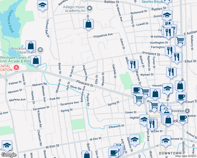 map of restaurants, bars, coffee shops, grocery stores, and more near 27 Ellis Street in Brockton