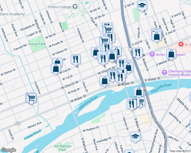 map of restaurants, bars, coffee shops, grocery stores, and more near 351 West Church Street in Elmira